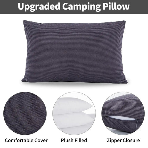 Two Pack Camping Pillows With Plush Fill And Washable Covers, grey pillow with zipper closure and plush filling detail