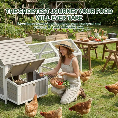 Woman gathering eggs beside Spacious Outdoor Wooden Chicken Coop With Run For 2 To 4 Chickens, Two Nesting Boxes, Backyard Poultry Cage