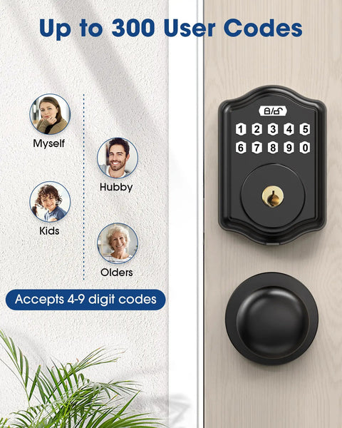 Keyless Entry Door Lock Set For Home, Front Door Lock With Knob, Electronic Keypad Lock with 300 User Codes, Black