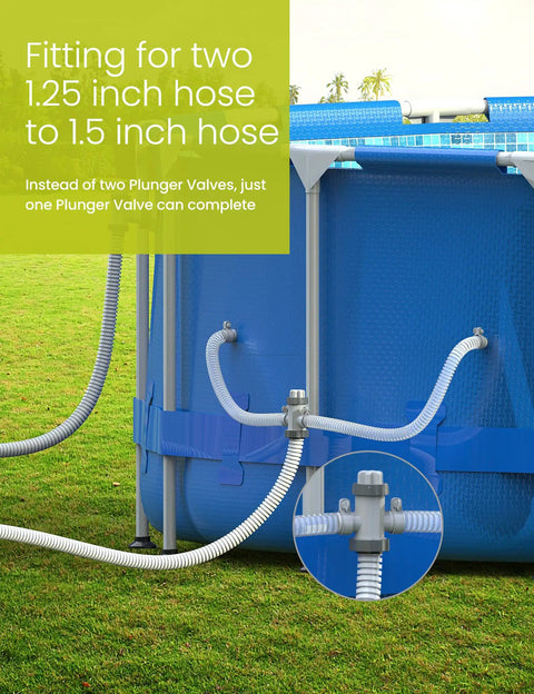 Split Pool Plunger Valve For Pool Filter Circulation Systems With Dual Hose Fittings Fits 1.25 Inch And 1.5 Inch Hoses Vacuum Ready Easy Flow Control And Quick Connect With Other Pool Fittings And Adapters For A Flexible DIY Setup on above-ground pool with hoses