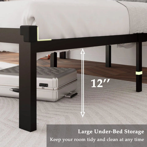 Quick Setup Full Size Metal Bed Frame With Faux Leather Tufted Headboard showing 12 inch under-bed storage and sleek design.