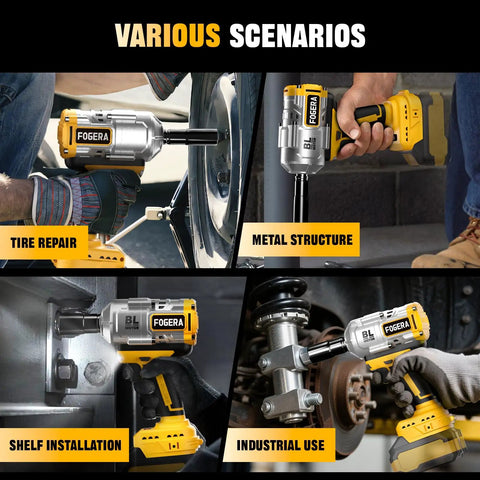 Half Inch Cordless Impact Wrench For 20V Battery System, Delivers 1100 Ft Lbs Torque, Wireless Power, Battery Not Included, Perfect For Auto Repairs, Tire Changes, And Heavy Duty Fastening. Shown in tire repair and metal work.