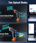 All-In-One Wireless Handheld Barcode Scanner With 2200mAh Lithium-Polymer Battery Bluetooth 2.4G Cordless USB Wired 1D 2D QR Code Reader For Retail Inventory Management Model D5300 shown with two upload modes: Instant and Storage.
