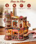 Close-up of Dream Coffee Factory Mechanical 3D Wooden Puzzle Kit with Moving LED Lights for Adults on a desk