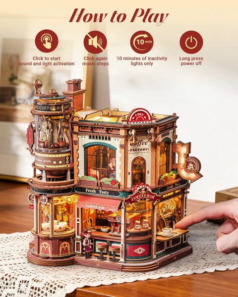 Close-up of Dream Coffee Factory Mechanical 3D Wooden Puzzle Kit with Moving LED Lights for Adults on a desk