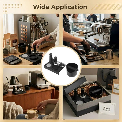 Next Level Espresso Workflow Kit Includes 58 Mm Chrome Tamp Distribution Tool Dosing Funnel Knock Box Tamping Mat And Puck Screens For Slick Morning Brews Daily displayed in a coffee bar setting.