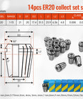 Beefy 2.2kW Water Cooled ER20 VFD Spindle Motor Kit For CNC Routers With 80mm Mount, 80W Pump, 5m Tubing, ER20 Collets From 1mm To 13mm, Wrench And Mount Hardware. ER20 collet set size chart with 14 pieces, dimensions, and collets