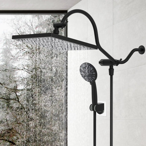 10 Inch Rainfall Shower Head And Handheld Combo With 12 Inch Adjustable Curved Arm, matte black finish, in modern bathroom