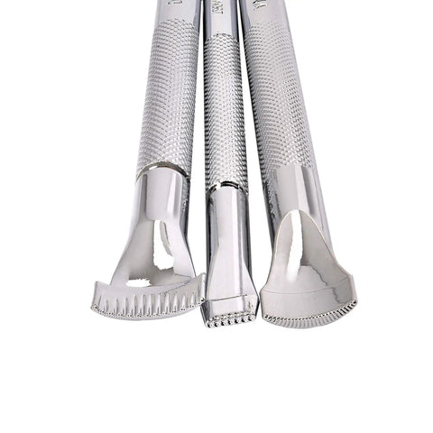 Close-up of three chrome-plated tools from Leather Stamps Tool Set for Crafting with Sheridan Style Stamp Set II featuring bevelers.