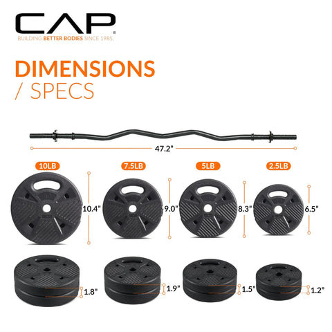 Threaded EZ Curl Bar Set With 50 Lb Cement Grip Plates And Collars For Strength Training And Home Gym Workouts dimensions