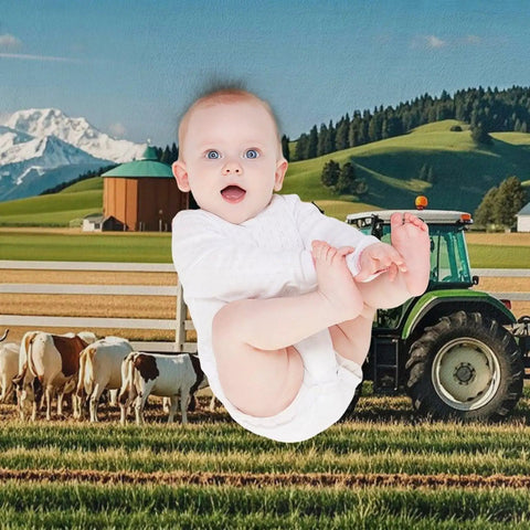 Baby in a onesie against a farm backdrop, featuring cows, a tractor, and a barn with mountains.