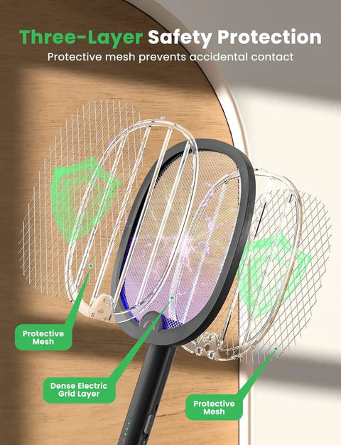 Foldable Electric Fly Swatter Racket 2 In 1 Mosquito Killer with purple attractant light showing safety mesh layers