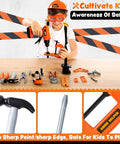 Child using 32 Piece Kids Tool Set with Construction Backpack, realistic toy drill and bits, helmet, and goggles for ages 3-6.