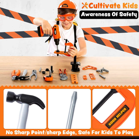 Child using 32 Piece Kids Tool Set with Construction Backpack, realistic toy drill and bits, helmet, and goggles for ages 3-6.