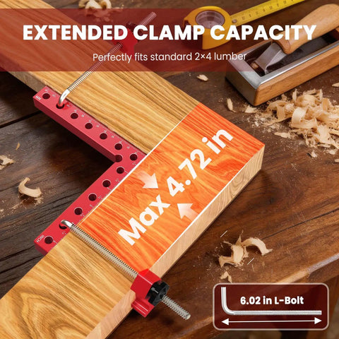 Pro Grade Right Angle Woodworking Clamps 4 Pack 5.5 Inch Aluminum Alloy Spreader Squares With 6 Sided Scales showing clamp capacity.
