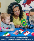 Teacher using World Flags Flashcards Set With 245 Countries in a classroom to educate children on flags and capitals.