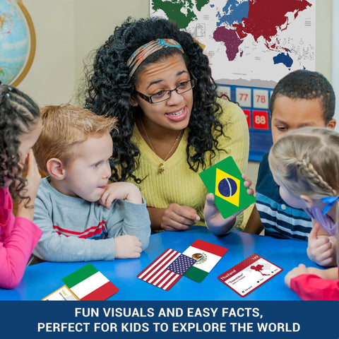 Teacher using World Flags Flashcards Set With 245 Countries in a classroom to educate children on flags and capitals.