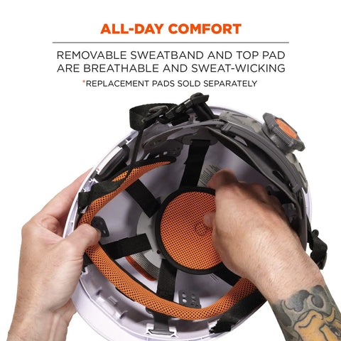 Interior view of Skullerz 8975 Class C Safety Helmet White Built Tough For All Day Comfort On Construction Sites Lightweight Design EN12492 Side Impact Compliance And Secure Chin Strap, highlighting the sweatband and padding.