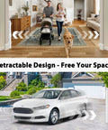 Heavy Duty Retractable Baby Gate And Dog Barrier With Slick Glide Action Covers Hella Wide Openings For Garages Driveways Living Rooms Provides No Fuss Everyday Safety In White in a living room and outdoor driveway.