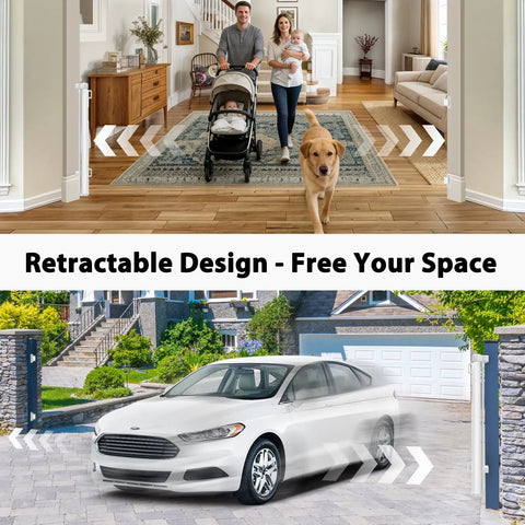 Heavy Duty Retractable Baby Gate And Dog Barrier With Slick Glide Action Covers Hella Wide Openings For Garages Driveways Living Rooms Provides No Fuss Everyday Safety In White in a living room and outdoor driveway.