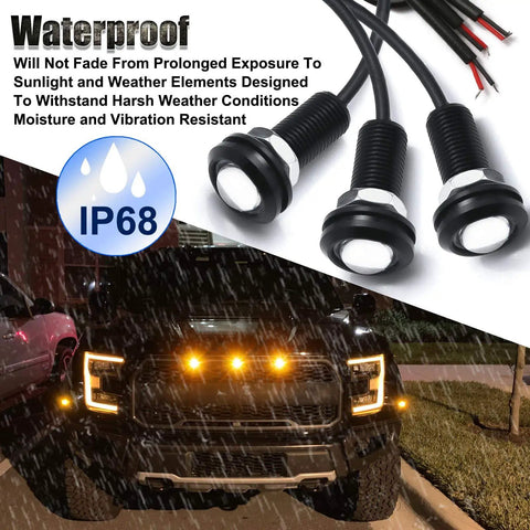 Dope Three Piece LED Front Grille Marker Lights With Projector Lens Assembly, waterproof IP68, on SUV in rain, amber glow