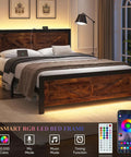 Badass Industrial Queen Bed Frame With Rustic Barn Headboard, Dual App Controlled Rgb Lighting, Built In Usb Plugs, Rock Solid Slats, Seriously Silent Sleep, Dead Simple Assembly, Total Bedroom Glow Up, bedside view with smart features