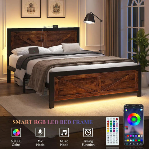 Badass Industrial Queen Bed Frame With Rustic Barn Headboard, Dual App Controlled Rgb Lighting, Built In Usb Plugs, Rock Solid Slats, Seriously Silent Sleep, Dead Simple Assembly, Total Bedroom Glow Up, bedside view with smart features