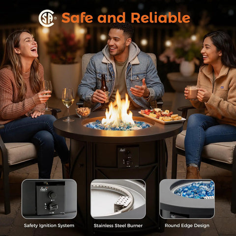 People enjoying drinks around a lit 2-In-1 50,000 BTU Propane Fire Pit Table, 30 Inch Round Outdoor Fire Pit For Backyard Patio.