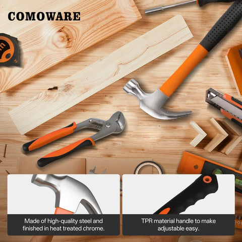 218 Piece Home Tool Kit With Plastic Toolbox Storage Case Essential DIY Hand Tools including hammer, pliers, and wooden surface