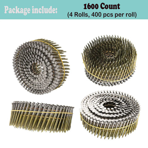1-1/2 Inch Hot-Dipped Galvanized 15 Degree Collated Wire Coil Siding Nails Full Round Head Ring Shank 0.092 Inch 1600 Count