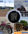 Collage showing Heavy Duty E Track Motorcycle Wheel Chock For Dirt Bikes, Fits 2 To 6 Inch Tires, 10 Gauge Steel Black in use