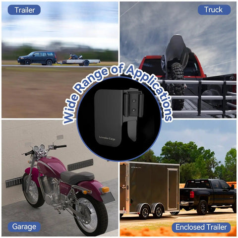 Collage showing Heavy Duty E Track Motorcycle Wheel Chock For Dirt Bikes, Fits 2 To 6 Inch Tires, 10 Gauge Steel Black in use