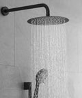 Shower Faucet System, 10-Inch Round Head, 5-Spray Handheld, Matte Black with water streaming from the head.