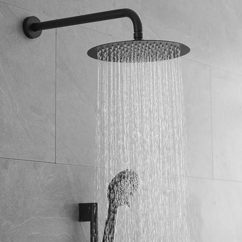 Shower Faucet System, 10-Inch Round Head, 5-Spray Handheld, Matte Black with water streaming from the head.