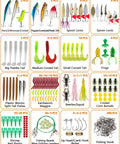 Ultimate 380 Pcs Fishing Lures Kit For Bass, Trout, And Salmon, assorted lures and tackle including jigs, worms, and beads in a grid layout.