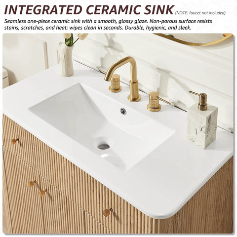 Top Shelf 36 Inch Fluted Bathroom Vanity With Single Sink In Natural Oak Featuring Smooth Rounded Corners And Slick Modern Design For Your Sweet Home Refresh Setup