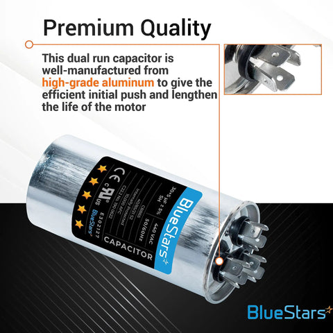 Two Pack 30 And 5 Uf Round Dual Run Capacitors 370 To 440 Vac Replacement For Condenser And Heat Pump Air Conditioners Exact Fit For TRCFD305 97F9833 27L877, showing metal casing and connector terminals.