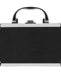 Heavy Duty Aluminum Tool Case With Dead Secure Latch And Comfy Grip Handle For Organizing Multi Purpose Large Capacity Work Gear Tablets Screws And Electronic Devices Portable Storage Box, black textured exterior.