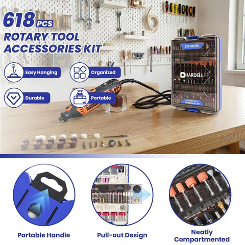 Kickass 618 Piece Rotary Tool Accessories Kit For Sand Polish Engrave And Cut Jobs Paired With Rugged Pull Out Storage displayed on a table.