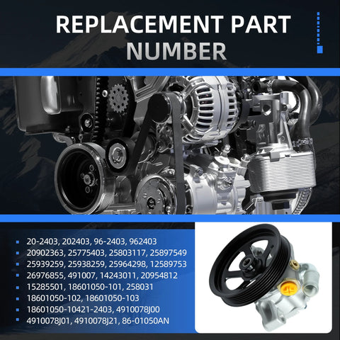 Drop In Ready Power Steering Pump With Pulley Replacement Fit For Buick Enclave 2008 2017 Chevrolet Traverse 2009 2017 GMC Acadia 2007 2016 Saturn Outlook 2007 2010 Replacement 20-2403 96-2403, showing product with pulley.