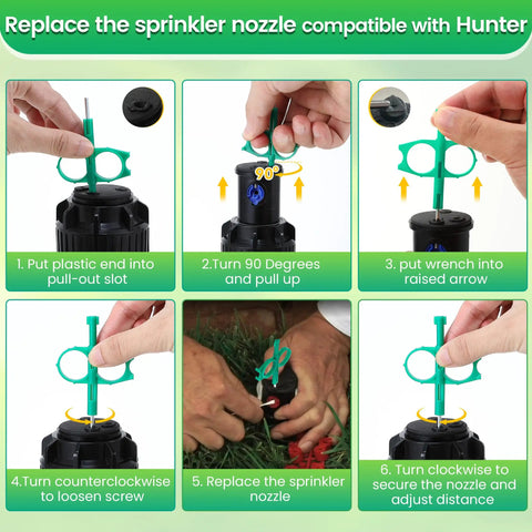 Illustrated guide using Three Pack Sprinkler Adjustment Tool Set For Rain Bird 5000 And Hunter PGP MP Heads showing nozzle replacement.