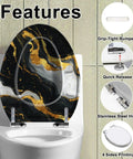 Toilet Seat Replacement Slow Close Elongated for Bathroom with black and gold marble design, stainless steel hinges, and grip-tight bumpers.
