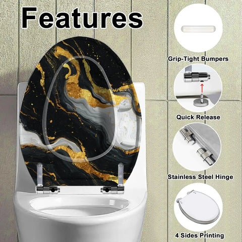 Toilet Seat Replacement Slow Close Elongated for Bathroom with black and gold marble design, stainless steel hinges, and grip-tight bumpers.