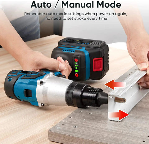 Heavy Duty Cordless Electric Rivet Nut Gun Kit For Installing Pop Rivets And Hex Insert Nuts Quick As A Wink With Dual Batteries in use on metal.
