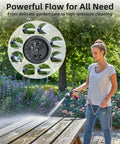 Woman using Retractable Garden Hose Reel 100 Feet One Half Inch With Pro Metal Shaft Tough As Nails Heavy Duty Automatic Rewind Kink Free outdoors