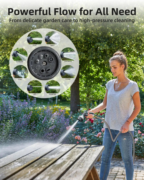 Woman using Retractable Garden Hose Reel 100 Feet One Half Inch With Pro Metal Shaft Tough As Nails Heavy Duty Automatic Rewind Kink Free outdoors