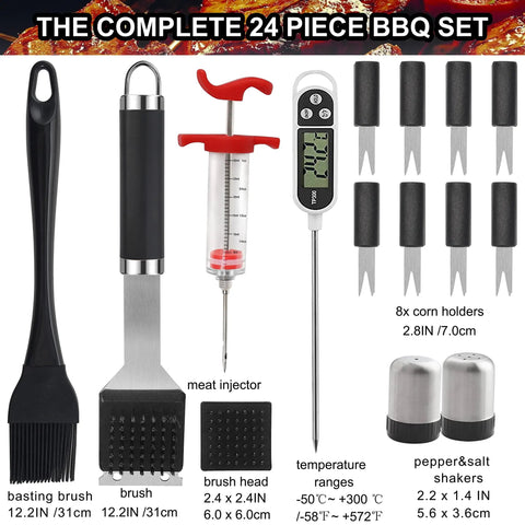 24 Piece BBQ Tool Set With Meat Thermometer And Injector In Extra Thick Stainless Steel displayed with contents including basting brush and thermometer.