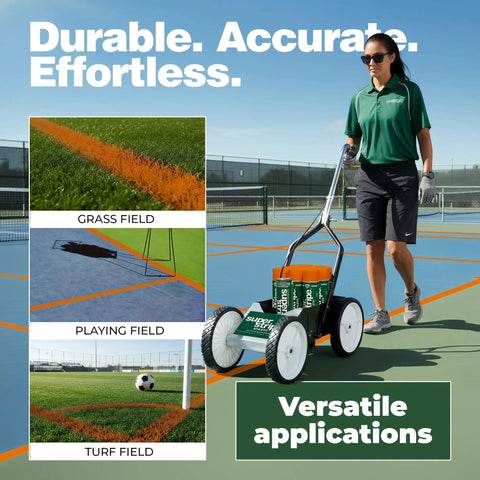 Game Day Ready Athletic Field Line Marking Paint Kit Including Twelve Cans Of Bright Orange Coating Matched With A Straight Shot Striping Machine for marking various athletic fields.