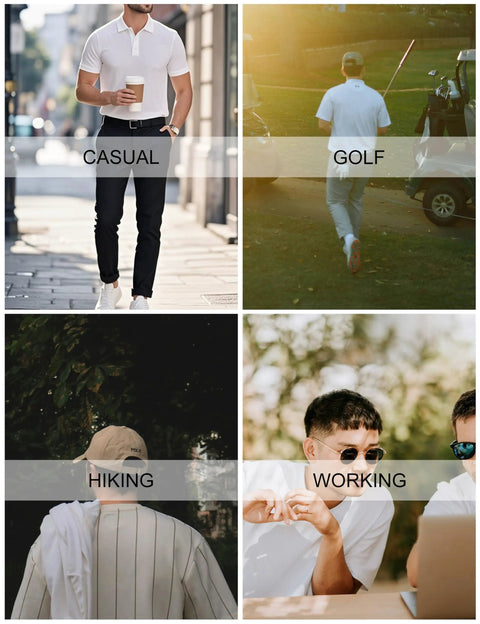 Collage of four images showing men's golf polo shirt short sleeve quick dry moisture wicking collared performance polo for athletic training and casual wear breathable lightweight black large in different activities.