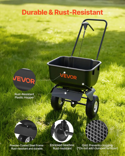 Push Lawn Spreader With 12 Foot Spreading Width, 80 Lb Hopper, All Terrain 10 Inch Tires, Easy To Use Walk Behind Broadcast Spreader